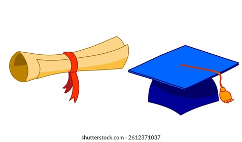 Cap, diploma. Graduation, hat throw ceremony documents set. Students tossing it in the air. Leaving school, college, university certificate. Vector, cartoon illustration