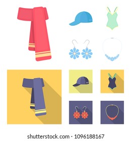 Cap, earrings, necklace, swimsuit. Clothing set collection icons in cartoon,flat style vector symbol stock illustration web.