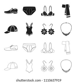 Cap, earrings, necklace, swimsuit. Clothing set collection icons in black,outline style vector symbol stock illustration web.