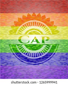 Cap emblem on mosaic background with the colors of the LGBT flag