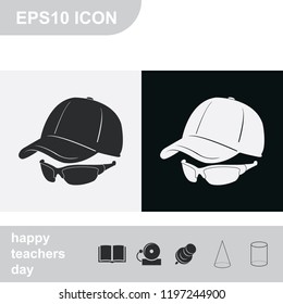 Cap and glasses flat black and white vector icon.