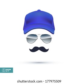 Cap, Glasses and Mustache isolated on white background. Vector