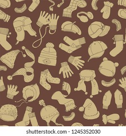 Cap, gloves, scarf, socks. Winter accessories, seamless pattern. Hand drawn vector illustration.
