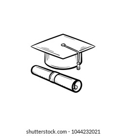 Cap of graduate and certificate degree hand drawn outline doodle icon. Vector sketch icon of graduation cap and degree certificate for print, web, mobile and infographics isolated on white background.