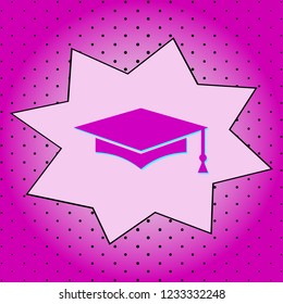 Cap for graduation. Purple icon pop-art background .Vector.