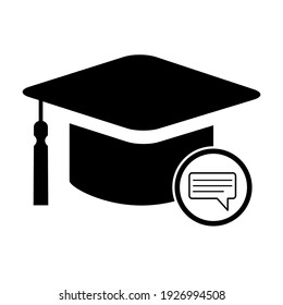 Cap, hat comment symbol isolated on white background. Graduate education illustration vector icon, success web button