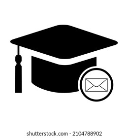 Cap, hat email symbol isolated on white background. Graduate education illustration vector icon, success web button .