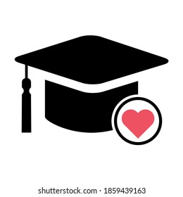 Gorra, el símbolo del corazón aislado en fondo blanco. Icono vectorial de la ilustración de la educación de graduados, botón web de éxito .