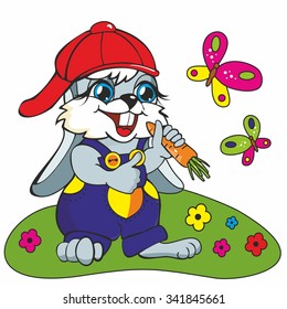 cap, hat, little rabbit, the boy, the picture for children, illustration, character sticker, tale, cartoon, rabbit on a white background funny Bunny, joy, for children's books, children, comic