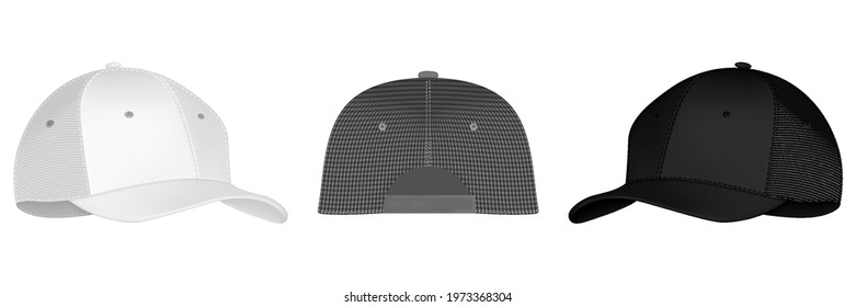 Cap or hat. Mockup and blank template of baseball uniform cap with front, back and right side view. Isolated vector illustrations set. Design template, vector eps10 illustration.