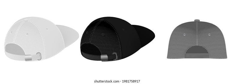 Cap or hat. Mockup and blank template of baseball uniform cap with front, back and right side view. Isolated vector illustrations set. Design template, vector eps10 illustration.
