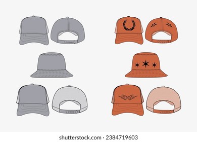 Cap Hats Mockup Fashion Illustration Design Template Bucket Hat Technical Flat Sketches Cap CAD Mockup Template Bundle Streetwear Hats Set Apparel Design