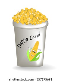 Cap of hot boiled corn. Fresh, fast, tasty and healthy meal. Corn in paper glass with happy corn man emblem.
