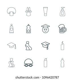 Cap icon. collection of 16 cap outline icons such as cream tube, cleanser, graduate emoji, beer mug, swimming hat and glasses. editable cap icons for web and mobile.
