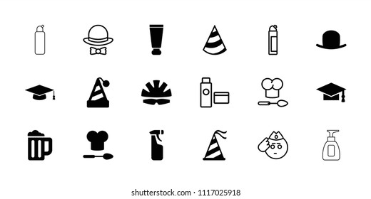 Cap icon. collection of 18 cap filled and outline icons such as cream tube, hat, party hat, helmet, cleanser, soldier emot, beer mug. editable cap icons for web and mobile.