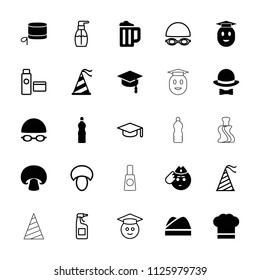 Cap icon. collection of 25 cap filled and outline icons such as soldier emot, party hat, chef hat, arrows up, mushroom, bottle soap. editable cap icons for web and mobile.