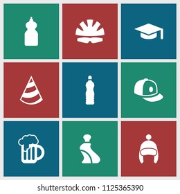 Cap icon. collection of 9 cap filled icons such as cream tube, cleanser, graduation hat, beer mug, helmet. editable cap icons for web and mobile.