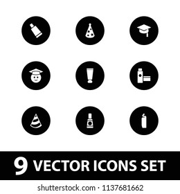 Cap icon. collection of 9 cap filled icons such as cream tube, cleanser, graduate emoji, party hat. editable cap icons for web and mobile.