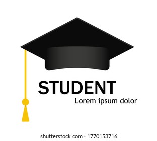 Cap icon. Hat of student. Education in university and college. graduate of academy with diploma and degree. Cap with tassel for master, professor and bachelor. Logo for study in school. Vector.