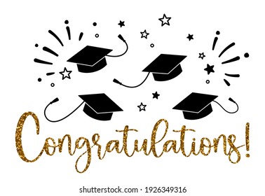 Cap icon and inscription for graduation party, invitation card, banner. University, school, academy vector symbol with gold and black hat