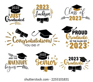 Cap icon and inscription for graduation party, invitation card, banner. University, school, academy vector symbol with black hat and gold glitter