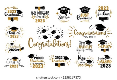 Cap icon and inscription for graduation party, invitation card, banner. University, school, academy vector symbol with black hat and gold glitter