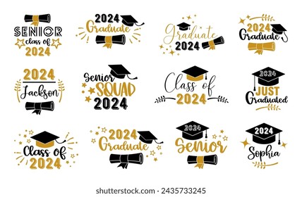 Cap icon and inscription for graduation party, invitation card, banner. University, school, academy vector symbol with gold and black hat