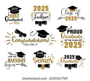 Cap icon and inscription for graduation party, invitation card, banner. University, school, academy vector symbol with black hat