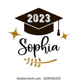 Icono de tapón y presupuesto para la fiesta de graduación, tarjeta de invitación, banner. Universidad, escuela, academia símbolo vector con sombrero oro y negro