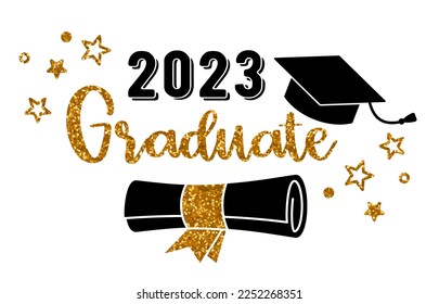 Cap icon and quote for graduation party, invitation card, banner. University, school, academy vector symbol with gold and black hat