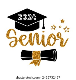 Cap icon and quote for graduation party, invitation card, banner. University, school, academy vector symbol with gold and black scroll