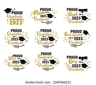 Cap icon and quote for Proud family of a 2023 graduatey, invitation card, banner. 