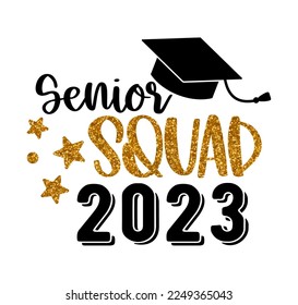 Icono de Cap y cita a Senior Squad 2023 para la fiesta de graduación, tarjeta de invitación, banner. Universidad, escuela, academia símbolo vector con sombrero oro y negro