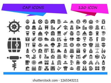 cap icon set. 120 filled cap icons. Simple modern icons about  - Wheel, Bottle opener, Beer, Sailor, Party hat, Boxing helmet, Hat, Uniform, Helmet, Cap, Jar, Graduates, Pants