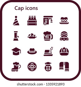 cap icon set. 16 filled cap icons.  Simple modern icons about  - Party hat, Beer, Education, Top hat, Mushroom, Rasta, Graduation, Hat, Cap, Wheel, Scarf