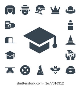 cap icon set. 17 filled cap icons. Included Boxing helmet, Beer, Cap, Mortarboard, Graduation, Eye dropper, Hat, Clothes, Sailor, Wheel, Helmet, Party hat icons