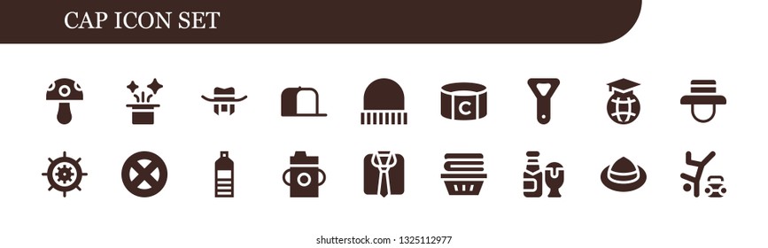 cap icon set. 18 filled cap icons.  Collection Of - Mushroom, Hat, Cap, Captain, Bottle opener, Education, Wheel, Water bottle, Feeding bottle, Clothes, Beer, Hip hop