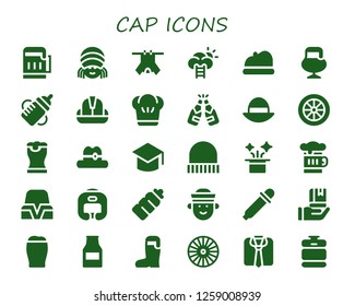  cap icon set. 30 filled cap icons. Simple modern icons about  - Beer, Rasta, Clothes, Success, Beret, Feeding bottle, Helmet, Chef, Hat, Wheel, Graduation, Cap, Boxing helmet