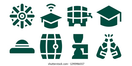  cap icon set. 8 filled cap icons. Simple modern icons about  - Hat, Helm, Beer, University, Graduation