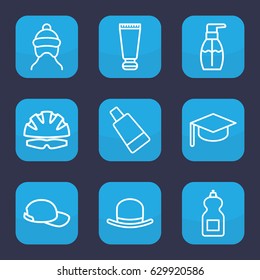 Cap icon. set of 9 outline cap icons such as cream tube, hat, bottle soap, cleanser, helmet