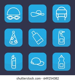 Cap icon. set of 9 outline cap icons such as cream tube, cleanser, winter hat, party hat