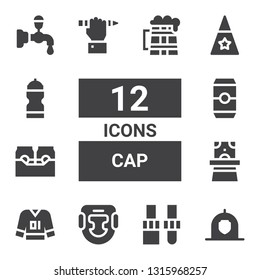 cap icon set. Collection of 12 filled cap icons included Helmet, Dropper, Headgear, Clothes, Magician hat, Beer, Education, Hat, Water bottle, Beer tap