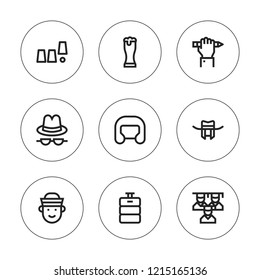 Cap icon set. collection of 9 outline cap icons with beer keg, beer, boxing helmet, education, hat, magic trick, graduation icons. editable icons.