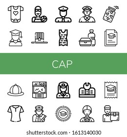 cap icon set. Collection of Baby clothes, Graduate, Water polo, Hat, Policeman, Clothes, Cop, Plastic bottle, Jar, Graduation, Blouse, Helmet, Policewoman, Education, Officer icons