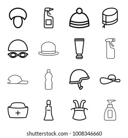 Cap icons. set of 16 editable outline cap icons such as mushroom, cream tube, cleanser, winter hat, magic hat, helmet, bottle soap
