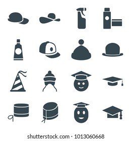 Cap icons. set of 16 editable filled cap icons such as graduate emoji, nurse hat, party hat, cream tube