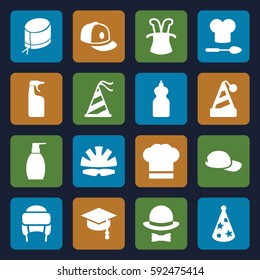 cap icons set. Set of 16 cap filled icons such as bottle soap, cleanser, winter hat, baseball cap, nurse hat, helmet