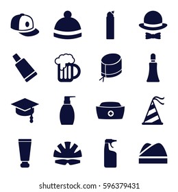cap icons set. Set of 16 cap filled icons such as cream tube, bottle soap, cleanser, winter hat, baseball cap, nurse hat, beer mug, helmet