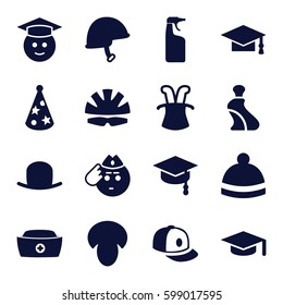 cap icons set. Set of 16 cap filled icons such as mushroom, hat, cream tube, cleanser, winter hat, graduate emoji, soldier emot, helmet