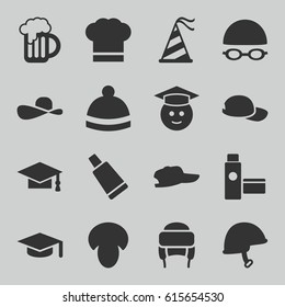 Cap icons set. set of 16 cap filled icons such as mushroom, cream tube, winter hat, graduate emoji, helmet, party hat